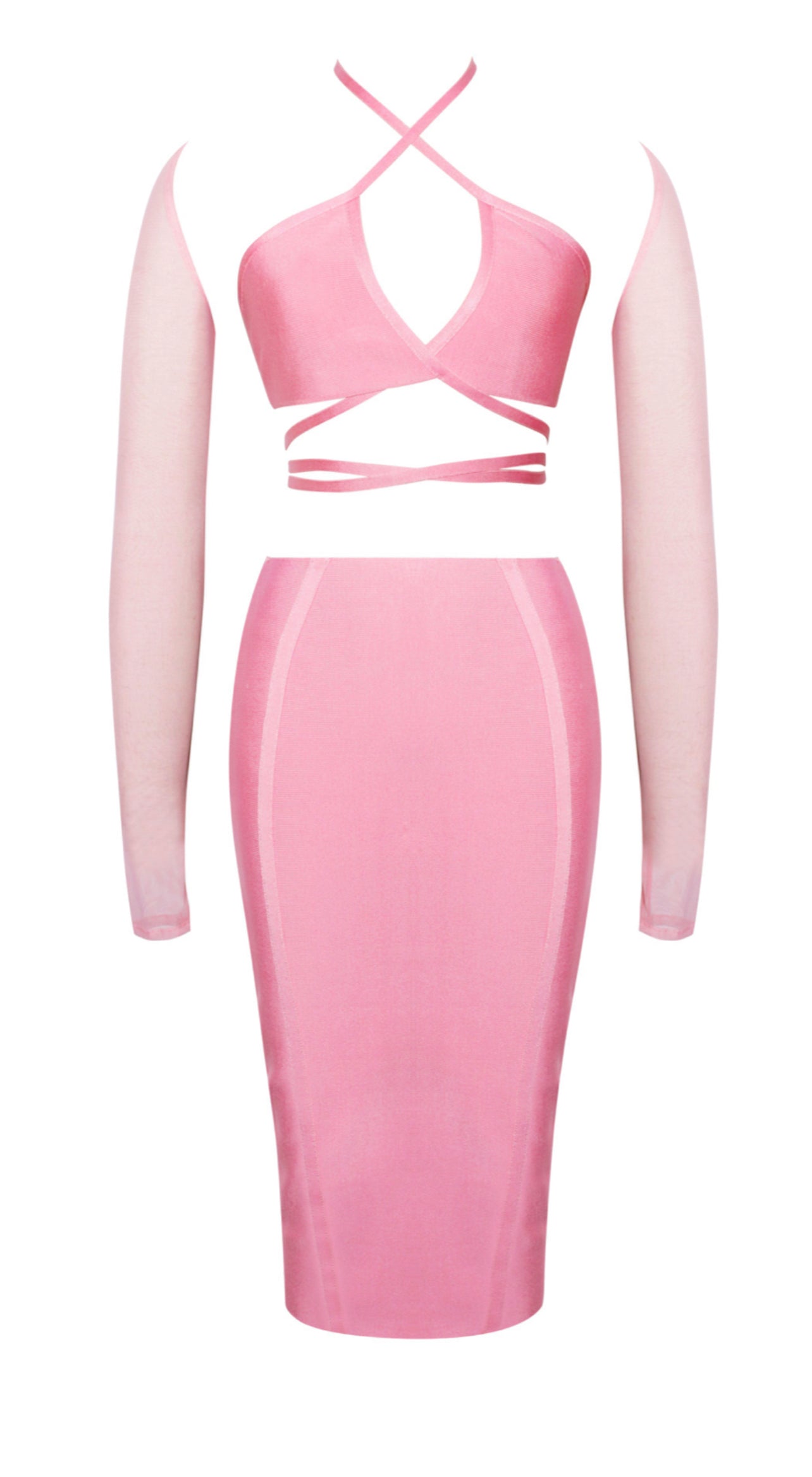 Barbie Pink Lace Up Bandage Dress With Sheer Mesh Sleeve Le Papillon Style