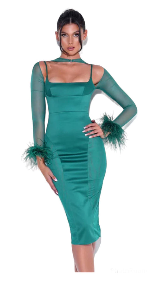 Joy Emerald Green Satin Mesh Sleeve Dress Le Papillon Style