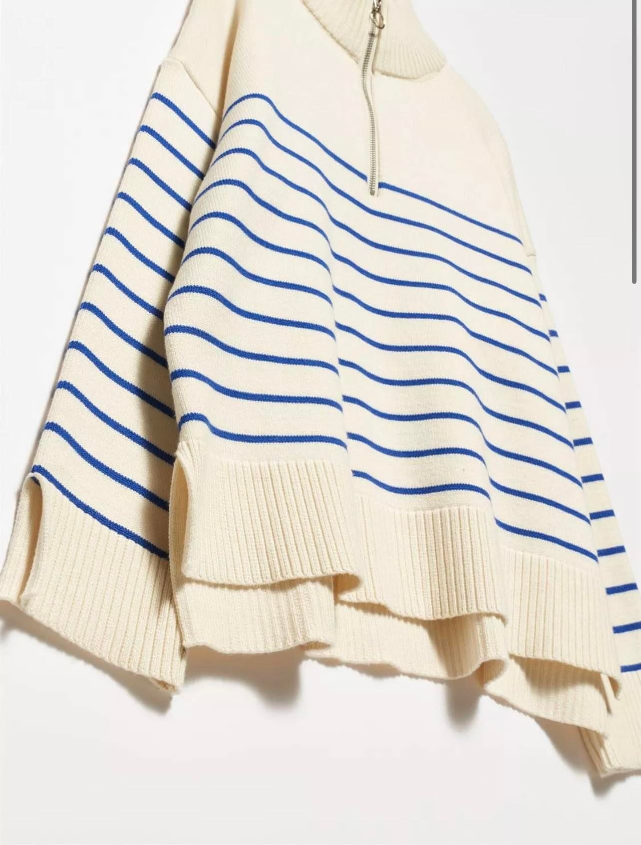Stand-up Collar Zipper Striped Knitted Sweater Le Papillon Style